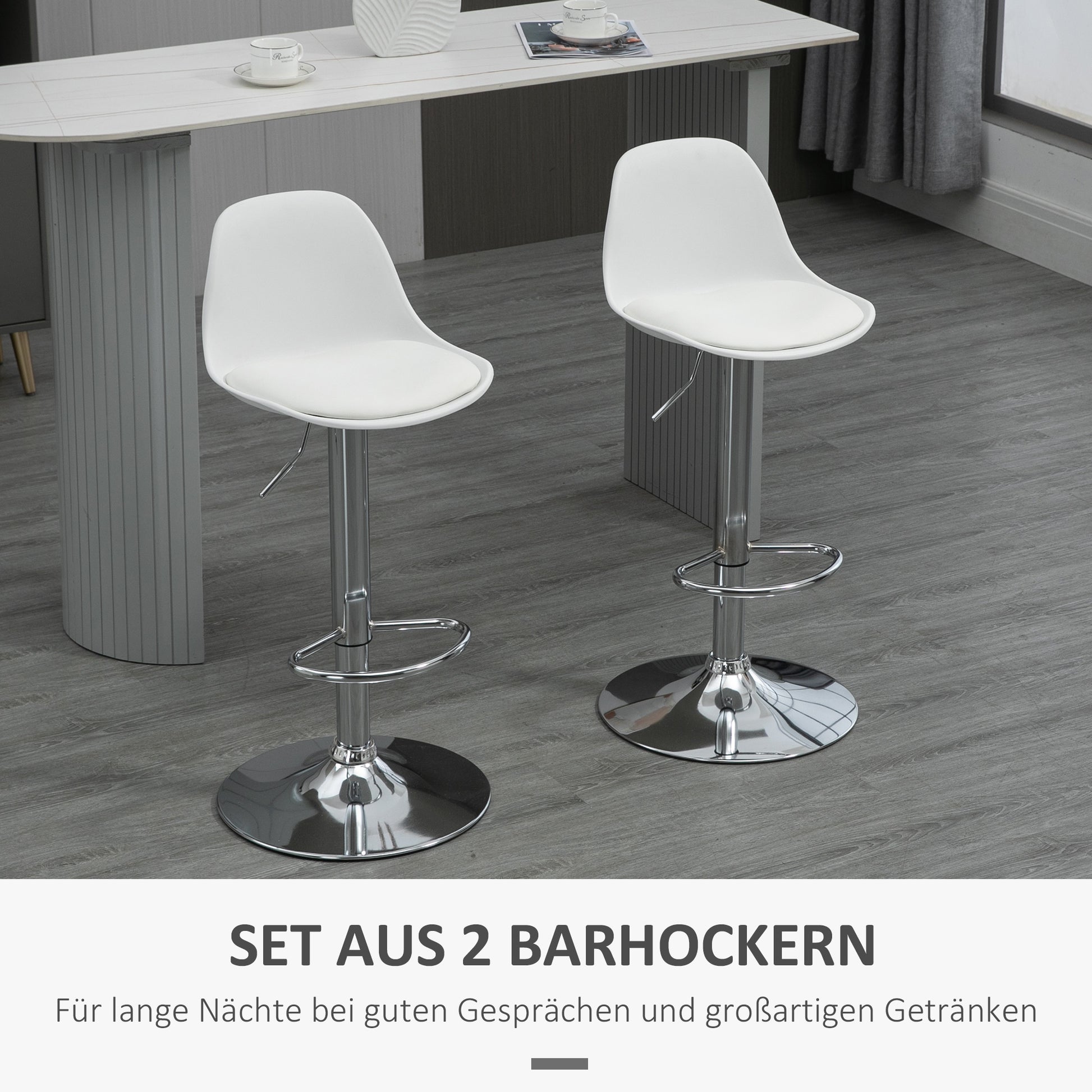 Bar Stool Set of 2, Upholstered Bar Chairs with Steel Frame, Backrest, Height Adjustable Kitchen Chairs with Footrest 360° Swivel Counter Stools for Kitchen, Living Room, Dining Room, Faux Leather White
