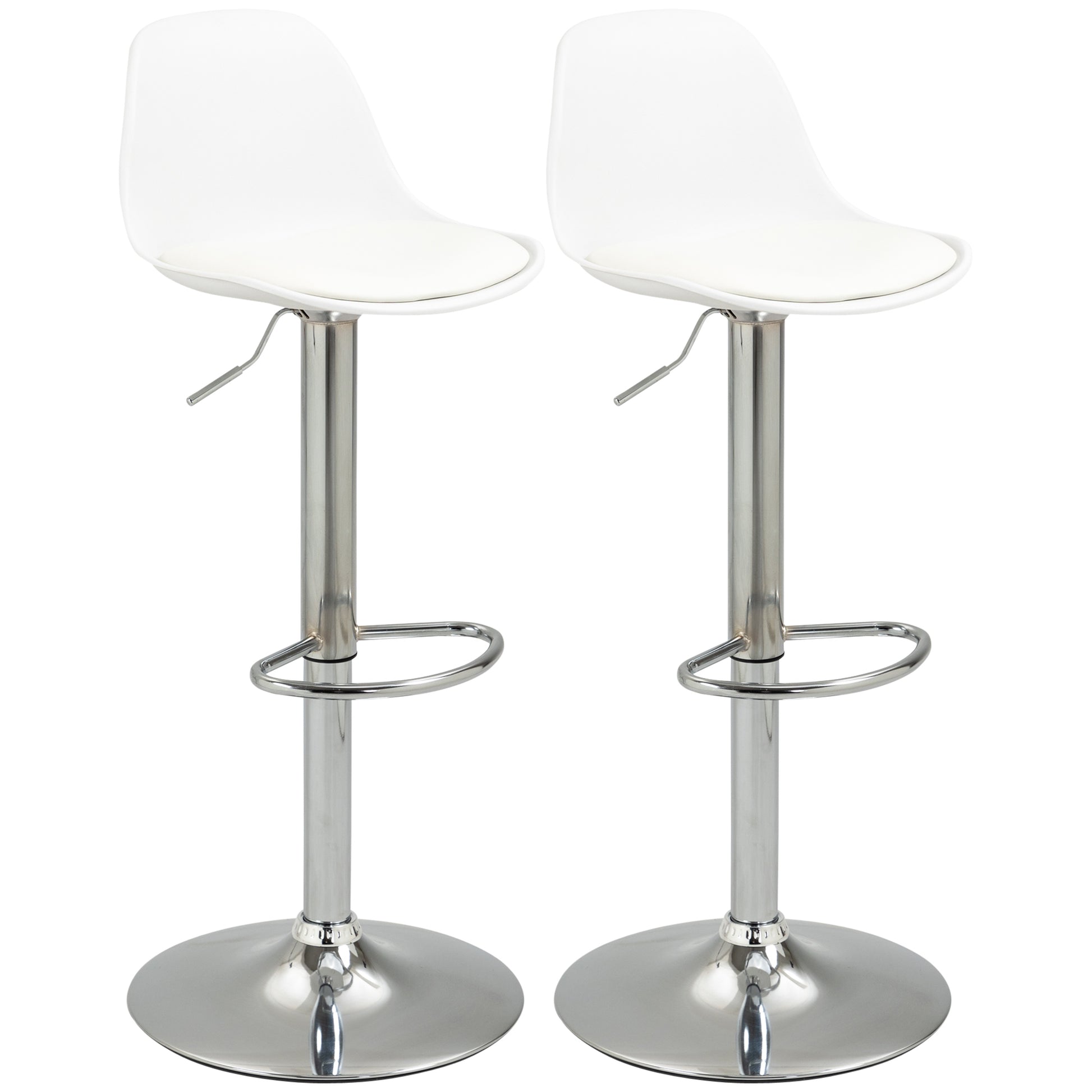 Bar Stool Set of 2, Upholstered Bar Chairs with Steel Frame, Backrest, Height Adjustable Kitchen Chairs with Footrest 360° Swivel Counter Stools for Kitchen, Living Room, Dining Room, Faux Leather White