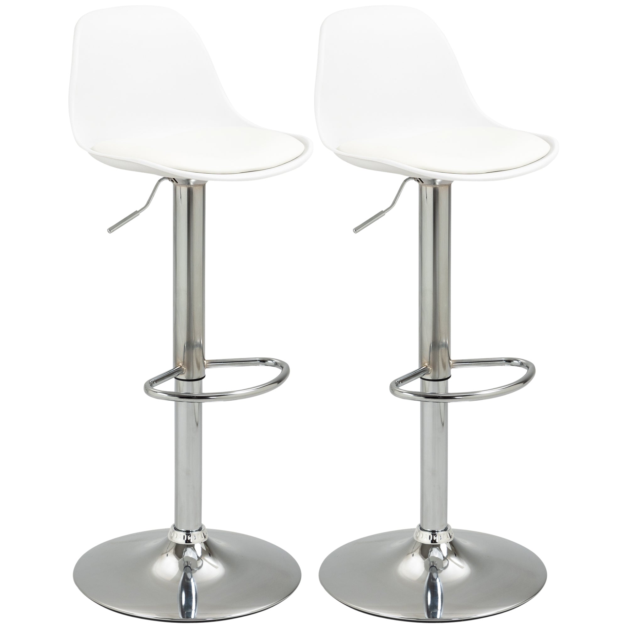Bar Stool Set of 2, Upholstered Bar Chairs with Steel Frame, Backrest, Height Adjustable Kitchen Chairs with Footrest 360° Swivel Counter Stools for Kitchen, Living Room, Dining Room, Faux Leather White