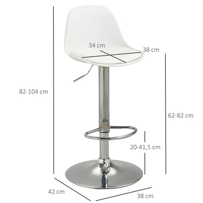 Bar Stool Set of 2, Upholstered Bar Chairs with Steel Frame, Backrest, Height Adjustable Kitchen Chairs with Footrest 360° Swivel Counter Stools for Kitchen, Living Room, Dining Room, Faux Leather White
