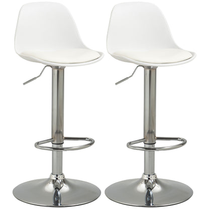 Bar Stool Set of 2, Upholstered Bar Chairs with Steel Frame, Backrest, Height Adjustable Kitchen Chairs with Footrest 360° Swivel Counter Stools for Kitchen, Living Room, Dining Room, Faux Leather White