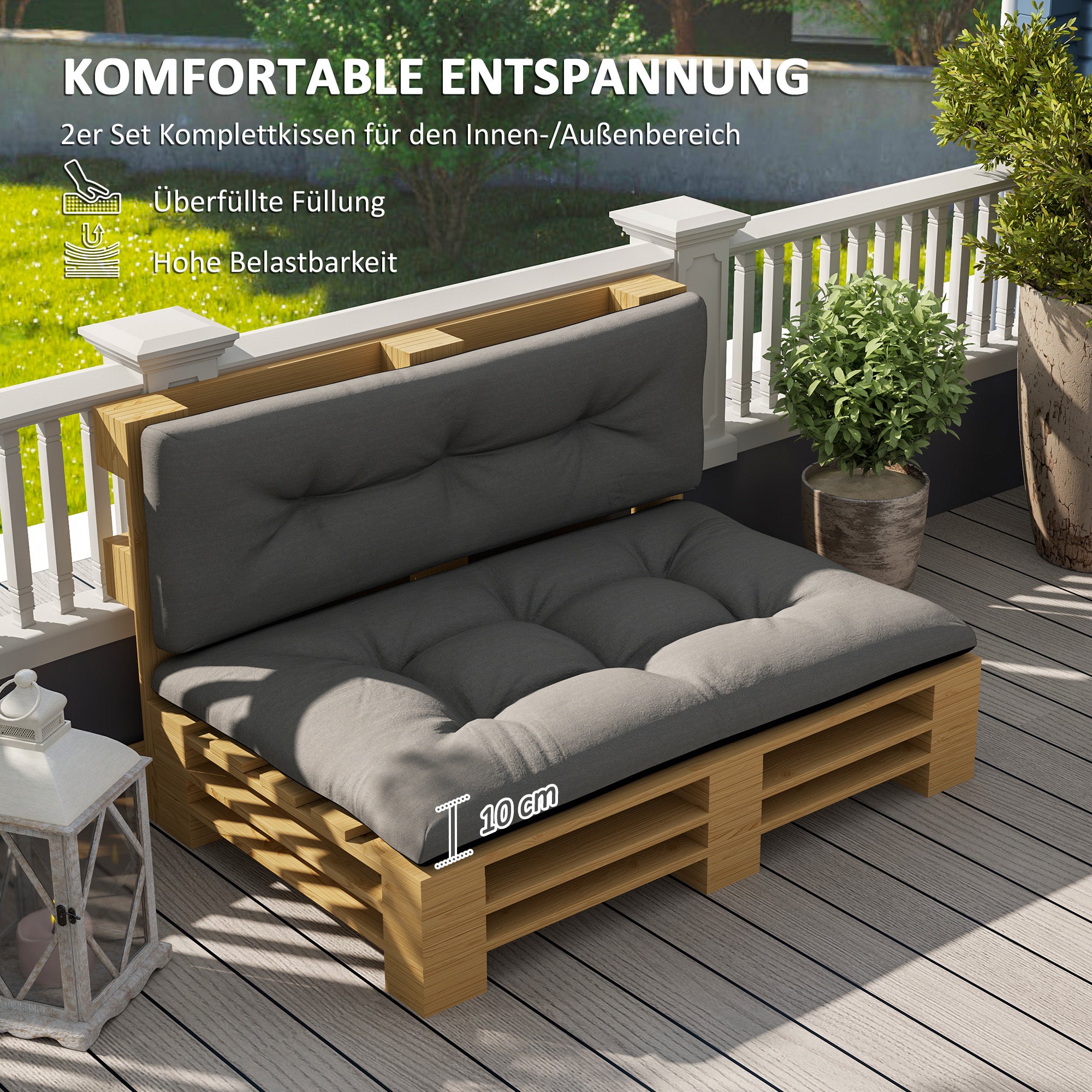 Pallet Cushions 2-Piece Set Water-Resistant Seat Cushions Pallet Pads with Tufted Design Backrest Outdoor Cushions Pallet Covers for Euro Pallets Pallet Sofa 120 x 77 x 10 cm Dark Gray