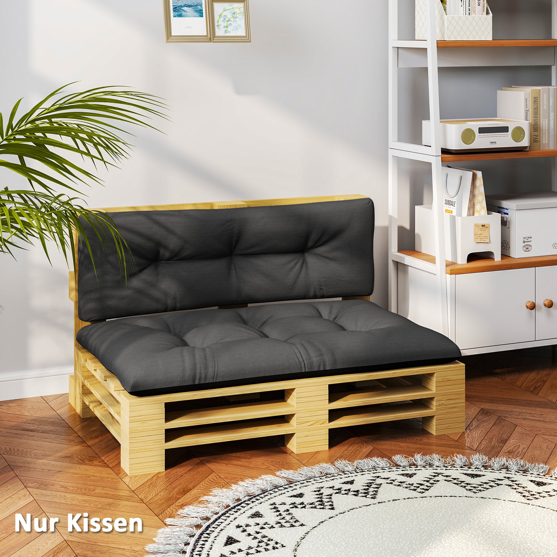 Pallet Cushions 2-Piece Set Water-Resistant Seat Cushions Pallet Pads with Tufted Design Backrest Outdoor Cushions Pallet Covers for Euro Pallets Pallet Sofa 120 x 77 x 10 cm Dark Gray