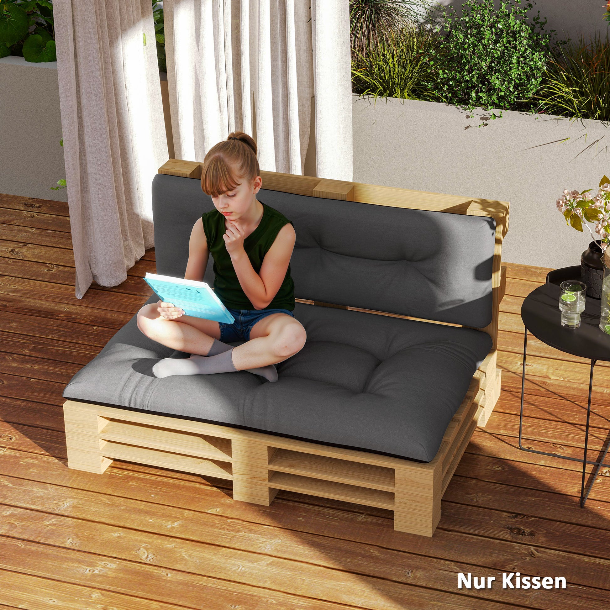 Pallet Cushions 2-Piece Set Water-Resistant Seat Cushions Pallet Pads with Tufted Design Backrest Outdoor Cushions Pallet Covers for Euro Pallets Pallet Sofa 120 x 77 x 10 cm Dark Gray