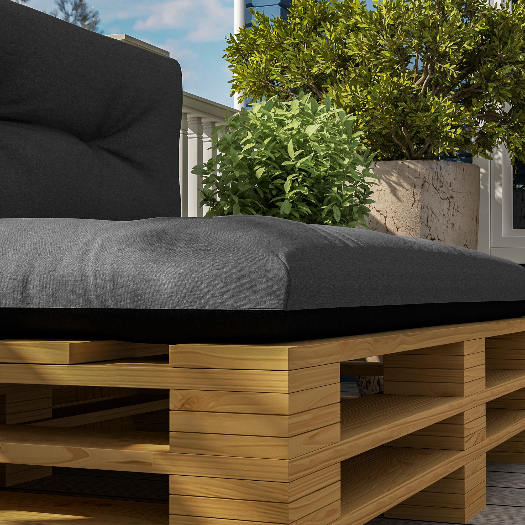 Pallet Cushions 2-Piece Set Water-Resistant Seat Cushions Pallet Pads with Tufted Design Backrest Outdoor Cushions Pallet Covers for Euro Pallets Pallet Sofa 120 x 77 x 10 cm Dark Gray