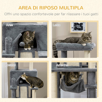 Cat Scratching Tree for Adult Cats and Kittens with Sisal Posts, House, Lounger, and Plush Hammocks, 48x48x140cm, Gray
