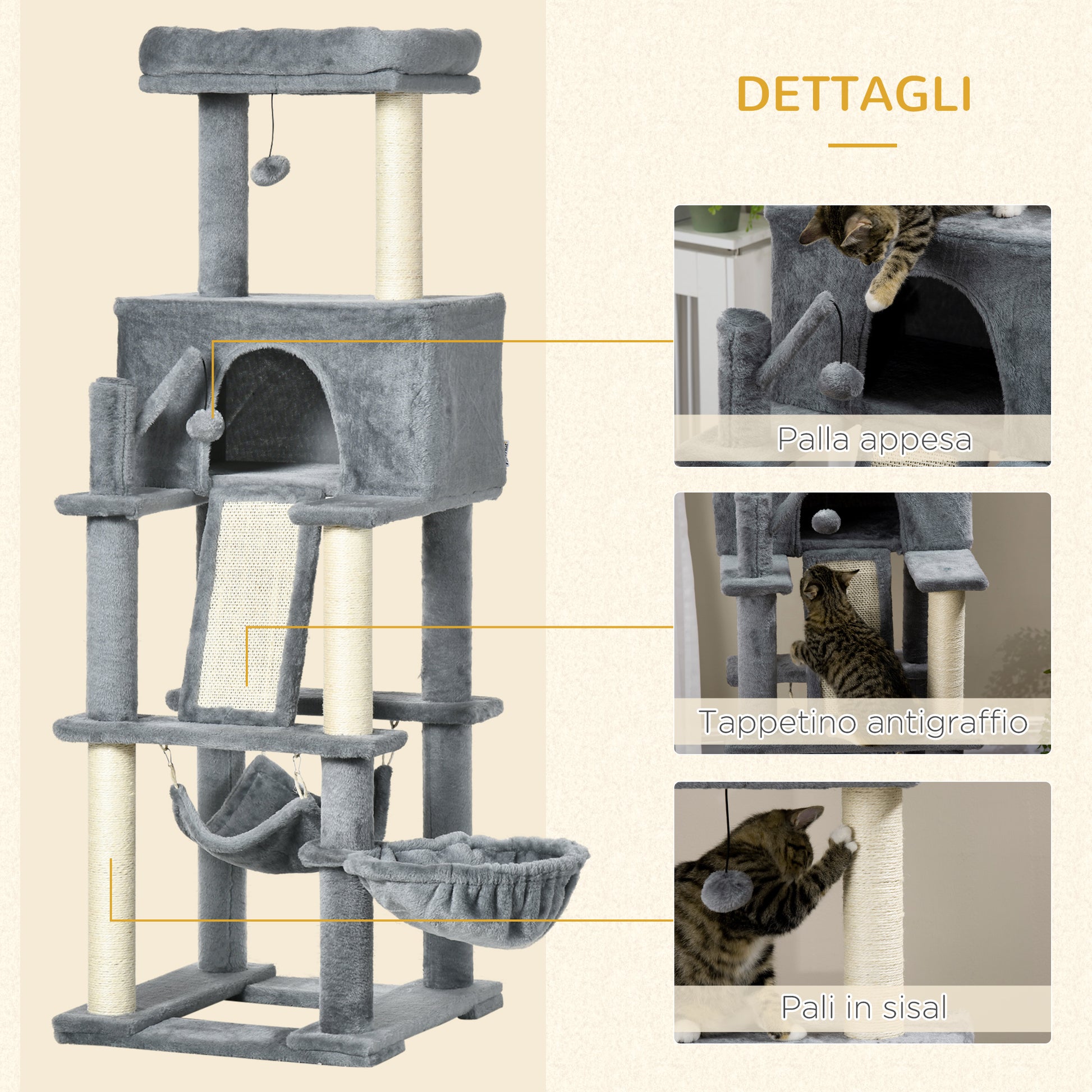 Cat Scratching Tree for Adult Cats and Kittens with Sisal Posts, House, Lounger, and Plush Hammocks, 48x48x140cm, Gray