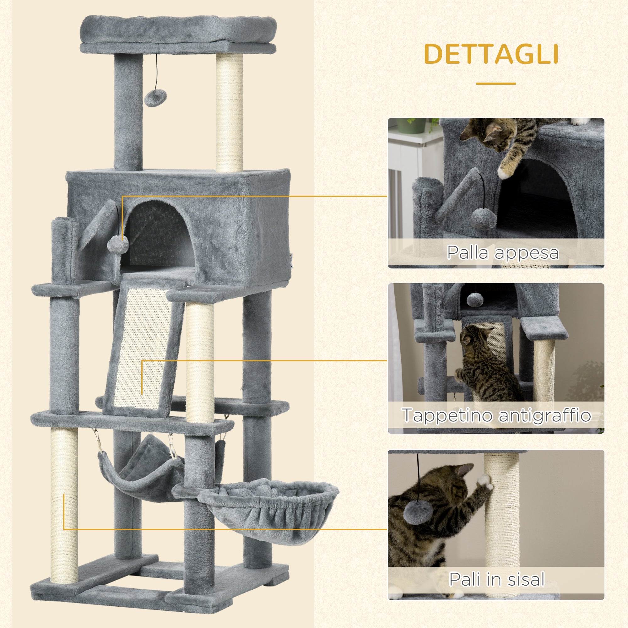 Cat Scratching Tree for Adult Cats and Kittens with Sisal Posts, House, Lounger, and Plush Hammocks, 48x48x140cm, Gray