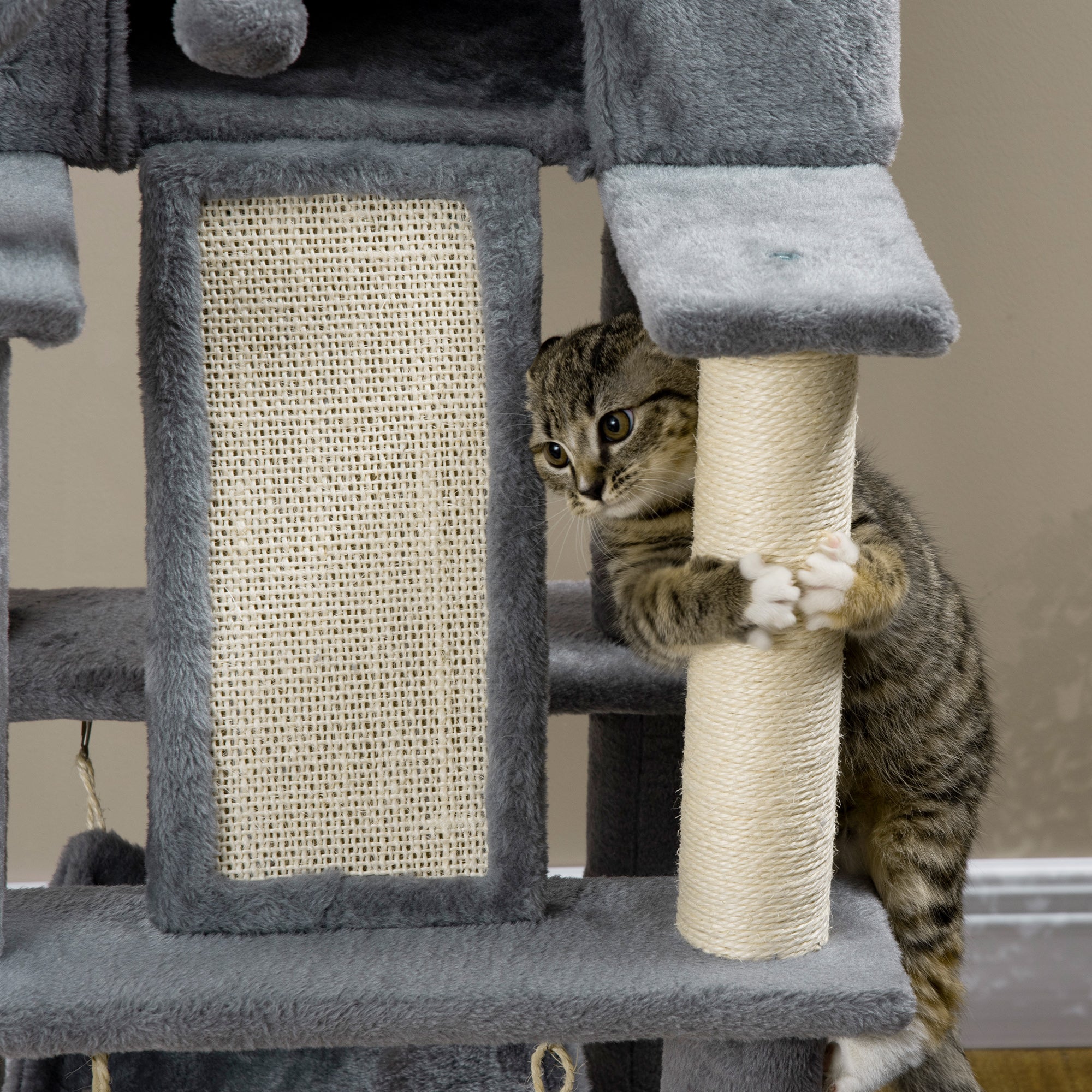 Cat Scratching Tree for Adult Cats and Kittens with Sisal Posts, House, Lounger, and Plush Hammocks, 48x48x140cm, Gray