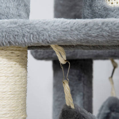 Cat Scratching Tree for Adult Cats and Kittens with Sisal Posts, House, Lounger, and Plush Hammocks, 48x48x140cm, Gray