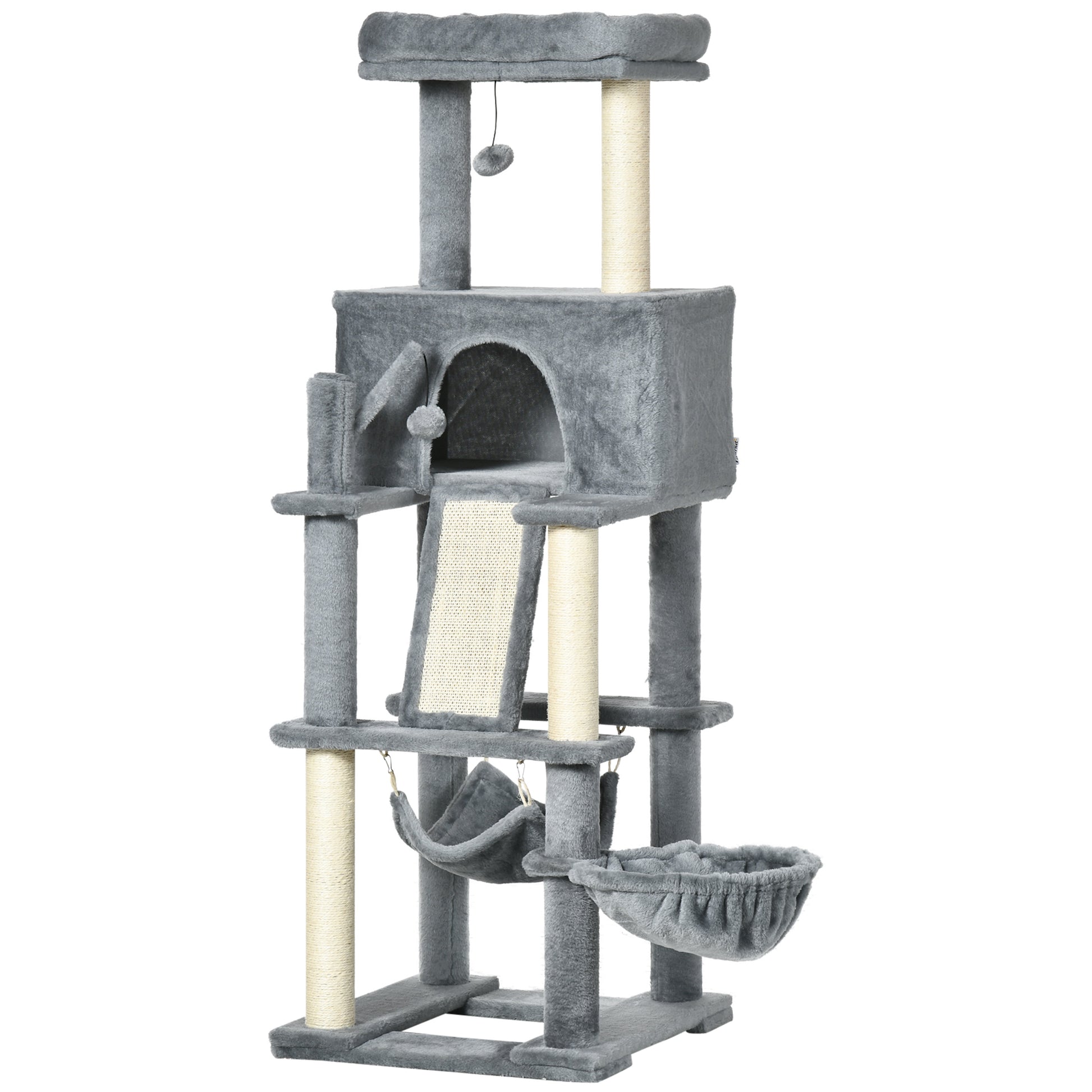 Cat Scratching Tree for Adult Cats and Kittens with Sisal Posts, House, Lounger, and Plush Hammocks, 48x48x140cm, Gray