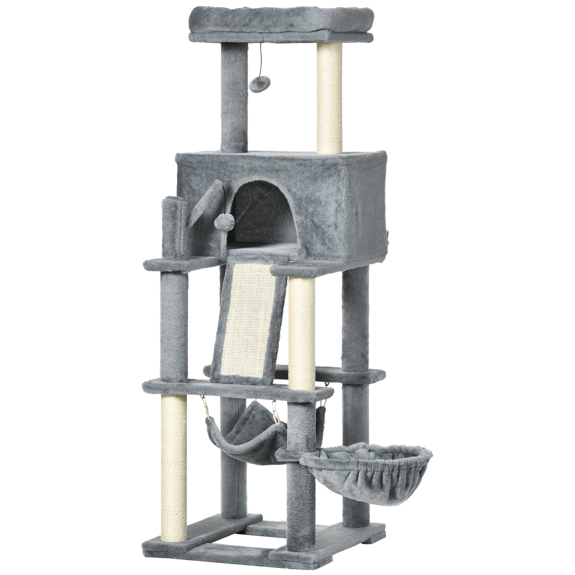 Cat Scratching Tree for Adult Cats and Kittens with Sisal Posts, House, Lounger, and Plush Hammocks, 48x48x140cm, Gray