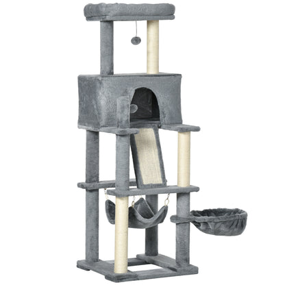 Cat Scratching Tree for Adult Cats and Kittens with Sisal Posts, House, Lounger, and Plush Hammocks, 48x48x140cm, Gray