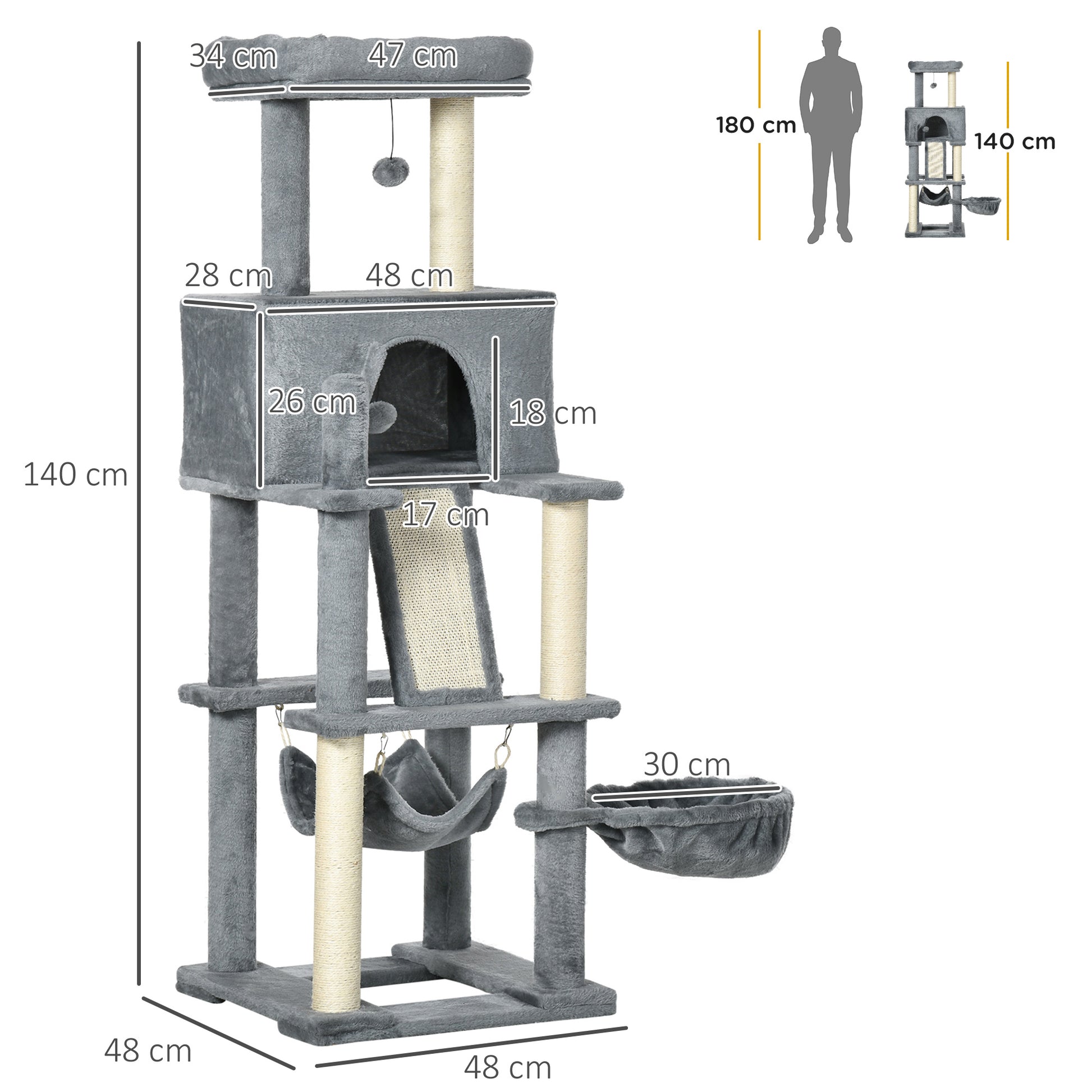 Cat Scratching Tree for Adult Cats and Kittens with Sisal Posts, House, Lounger, and Plush Hammocks, 48x48x140cm, Gray