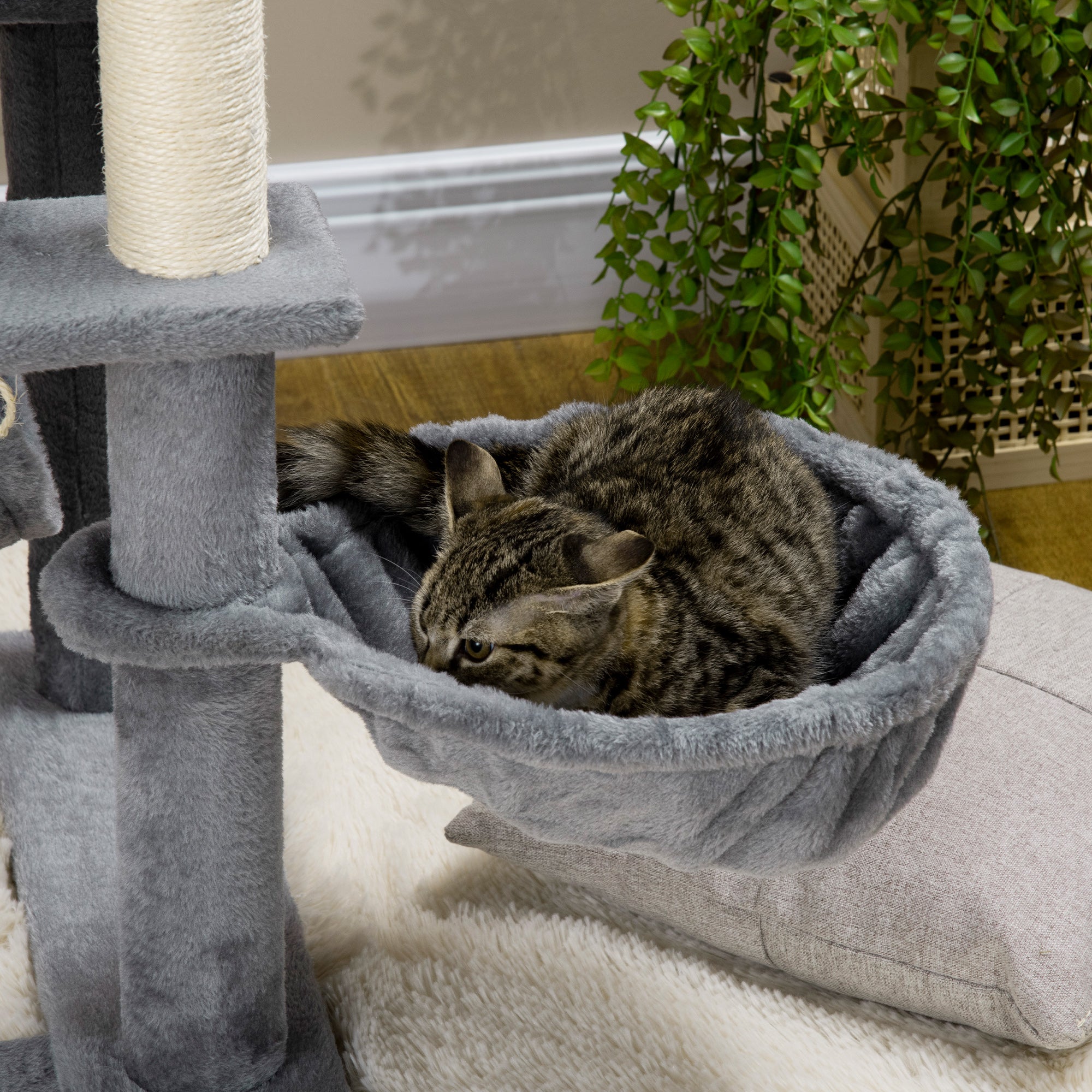 Cat Scratching Tree for Adult Cats and Kittens with Sisal Posts, House, Lounger, and Plush Hammocks, 48x48x140cm, Gray