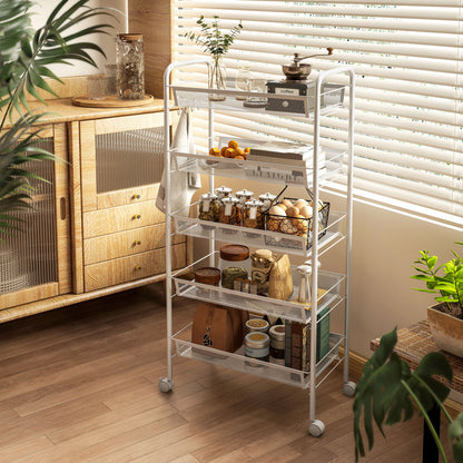 Space-Saving 5-Tier Kitchen Cart with Steel Mesh Baskets, Storage Cart for Living Room and Bedroom, Steel, 45x26.5x106 cm, White