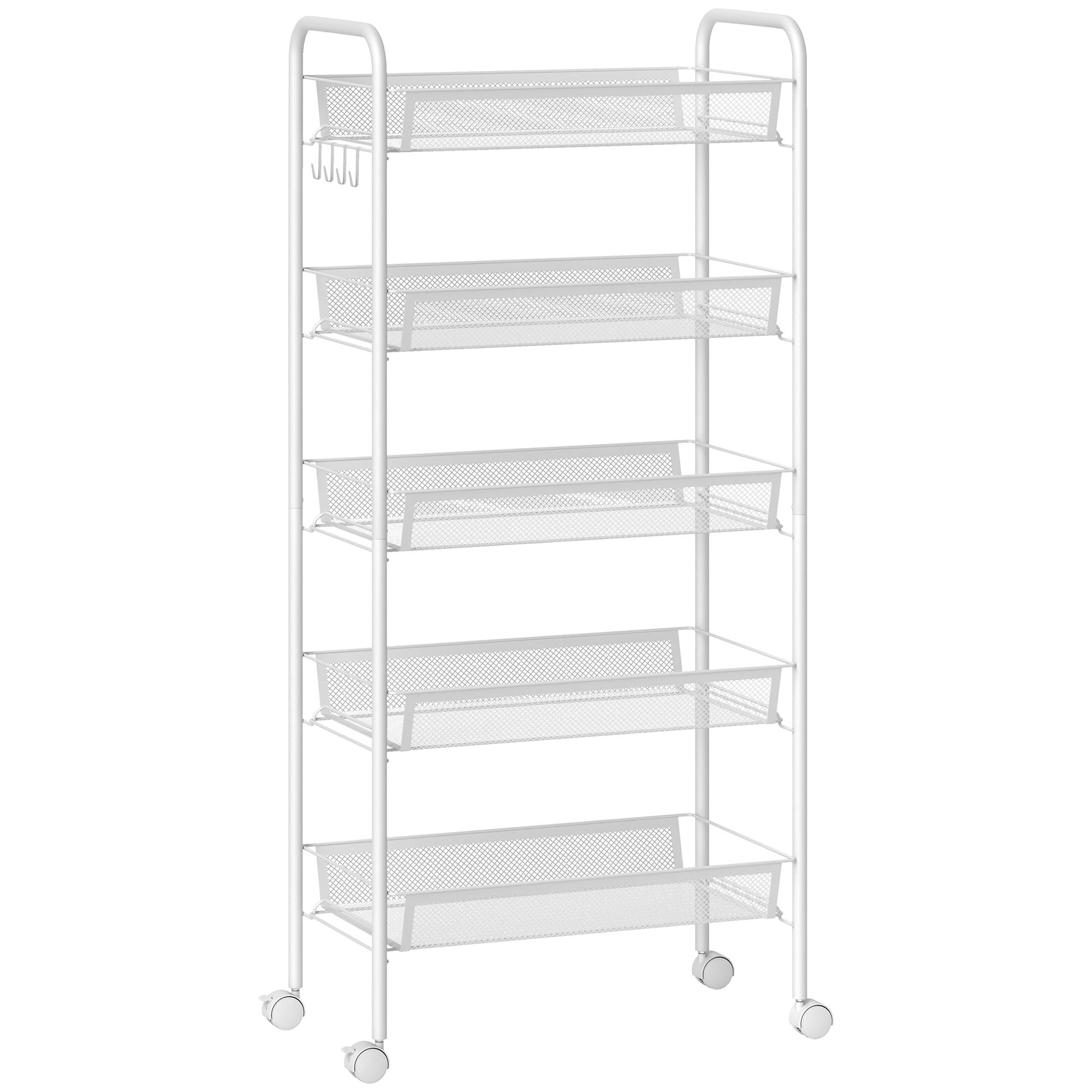 Space-Saving 5-Tier Kitchen Cart with Steel Mesh Baskets, Storage Cart for Living Room and Bedroom, Steel, 45x26.5x106 cm, White