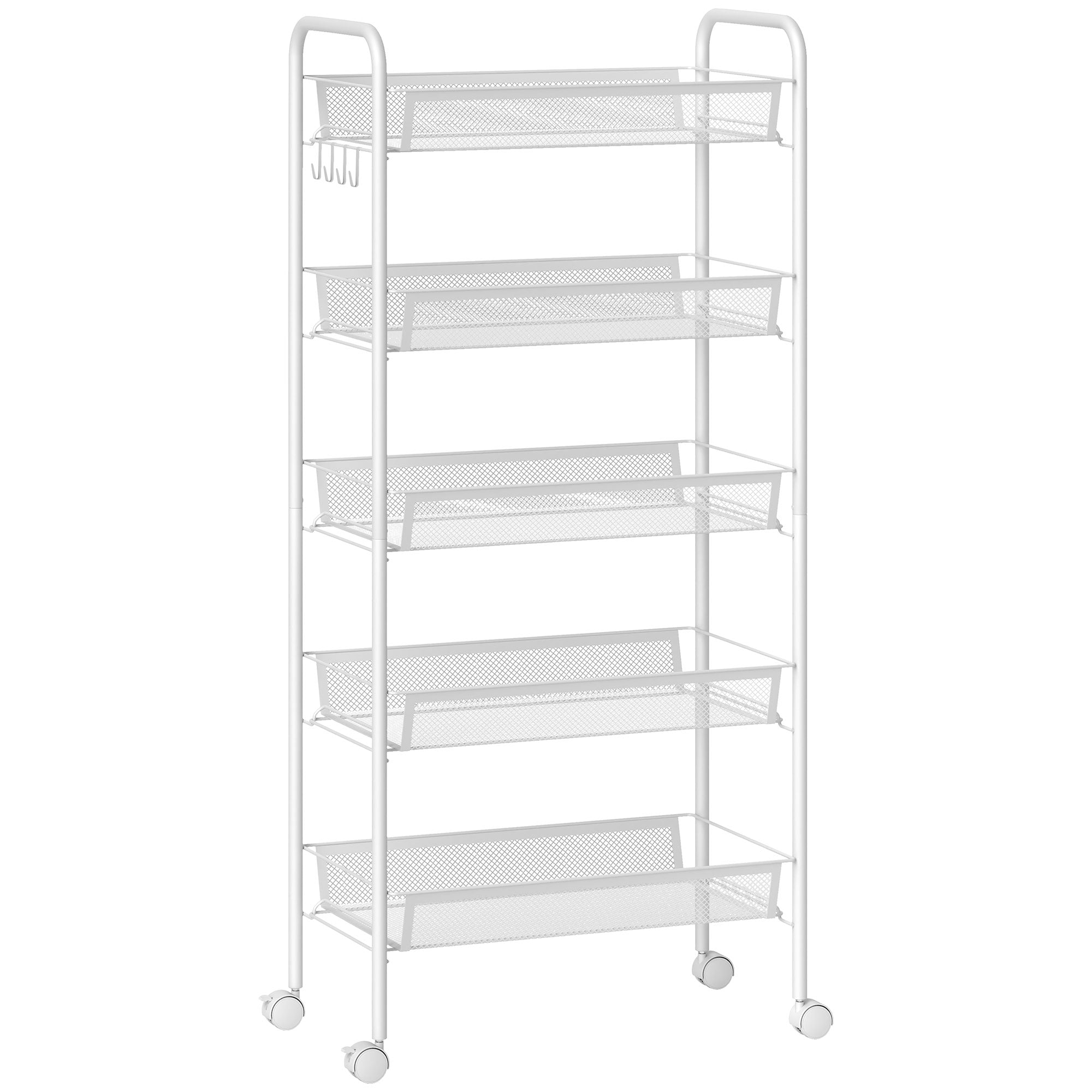Space-Saving 5-Tier Kitchen Cart with Steel Mesh Baskets, Storage Cart for Living Room and Bedroom, Steel, 45x26.5x106 cm, White