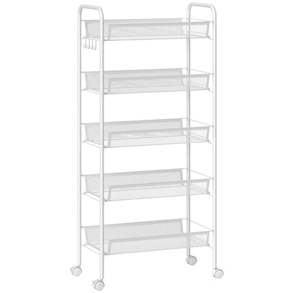 Space-Saving 5-Tier Kitchen Cart with Steel Mesh Baskets, Storage Cart for Living Room and Bedroom, Steel, 45x26.5x106 cm, White