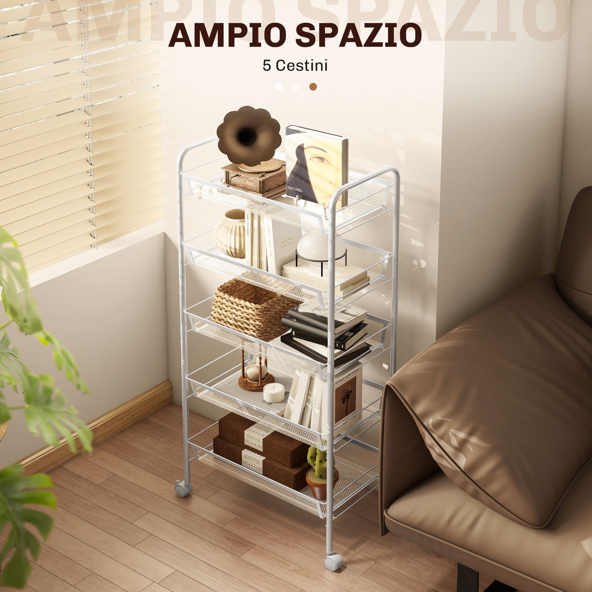Space-Saving 5-Tier Kitchen Cart with Steel Mesh Baskets, Storage Cart for Living Room and Bedroom, Steel, 45x26.5x106 cm, White
