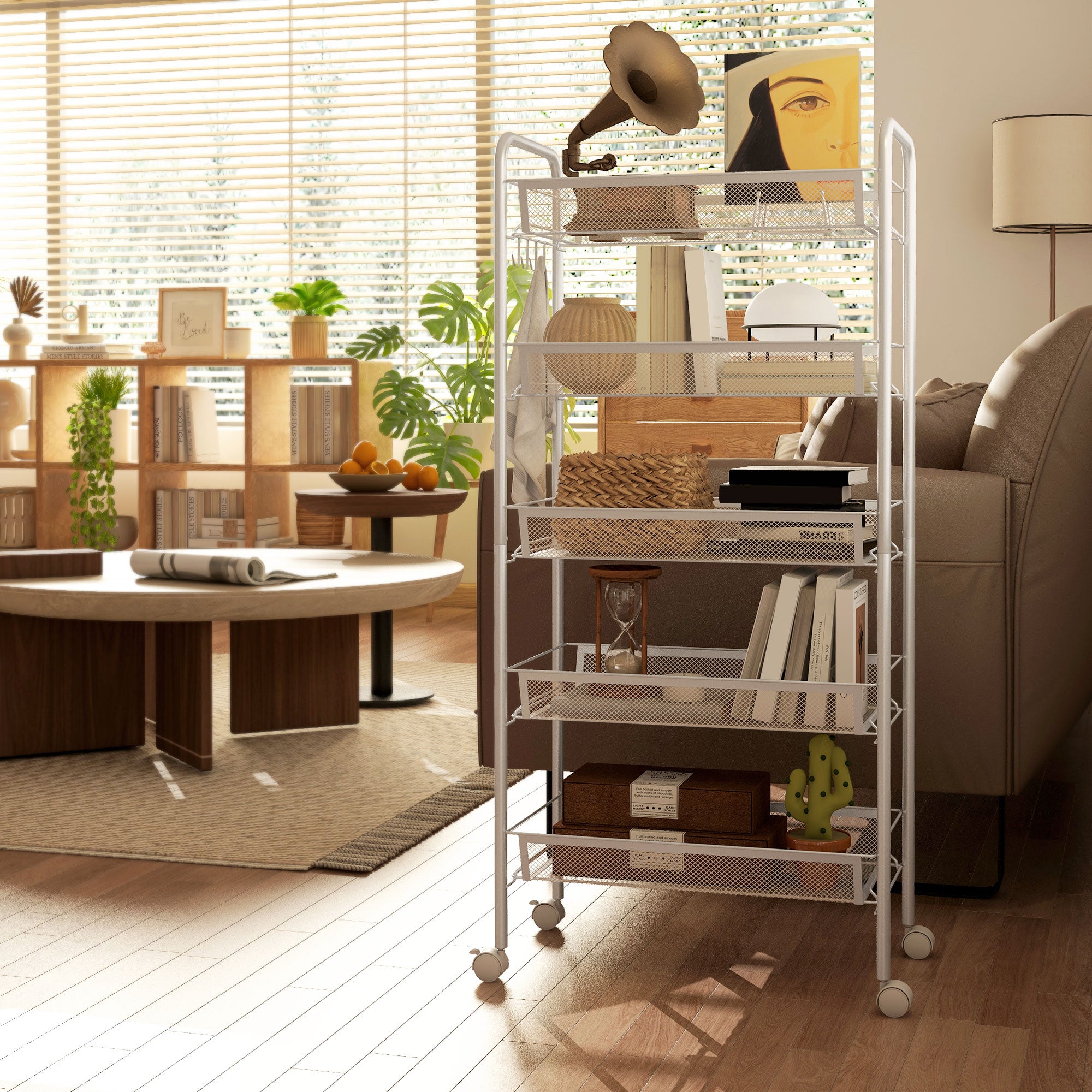 Space-Saving 5-Tier Kitchen Cart with Steel Mesh Baskets, Storage Cart for Living Room and Bedroom, Steel, 45x26.5x106 cm, White