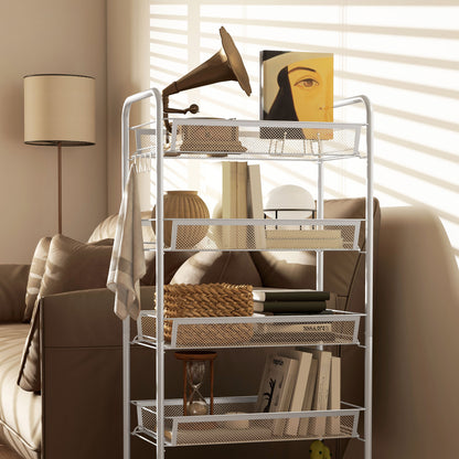 Space-Saving 5-Tier Kitchen Cart with Steel Mesh Baskets, Storage Cart for Living Room and Bedroom, Steel, 45x26.5x106 cm, White