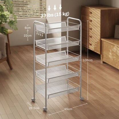 Space-Saving 5-Tier Kitchen Cart with Steel Mesh Baskets, Storage Cart for Living Room and Bedroom, Steel, 45x26.5x106 cm, White