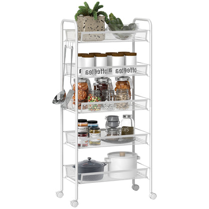 Space-Saving 5-Tier Kitchen Cart with Steel Mesh Baskets, Storage Cart for Living Room and Bedroom, Steel, 45x26.5x106 cm, White