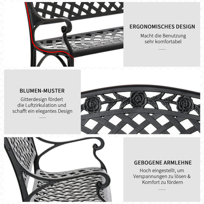 2-Seater Aluminum Garden Bench Metal Bench with Armrests Country Style Black 102.5 x 61 x 84 cm