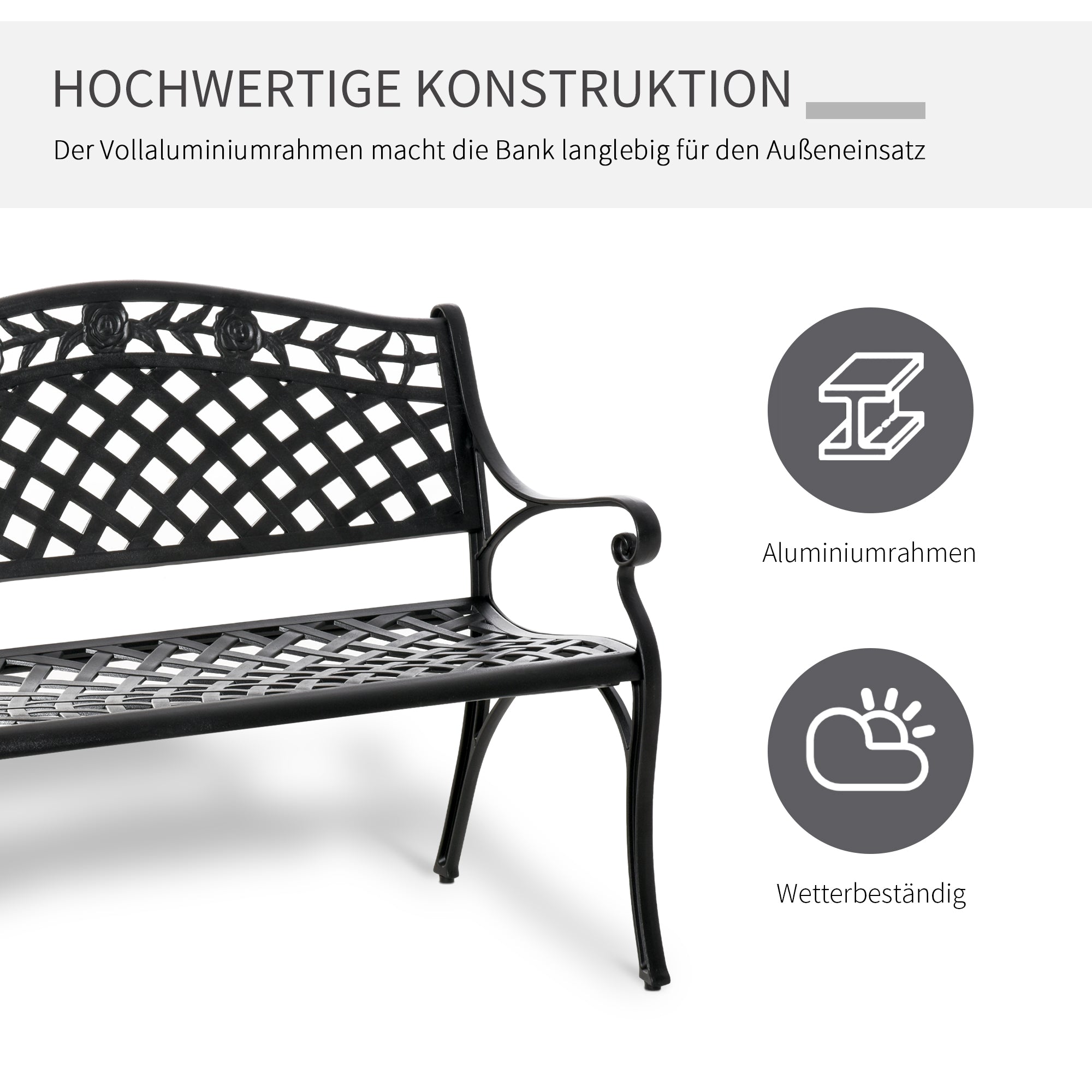 2-Seater Aluminum Garden Bench Metal Bench with Armrests Country Style Black 102.5 x 61 x 84 cm