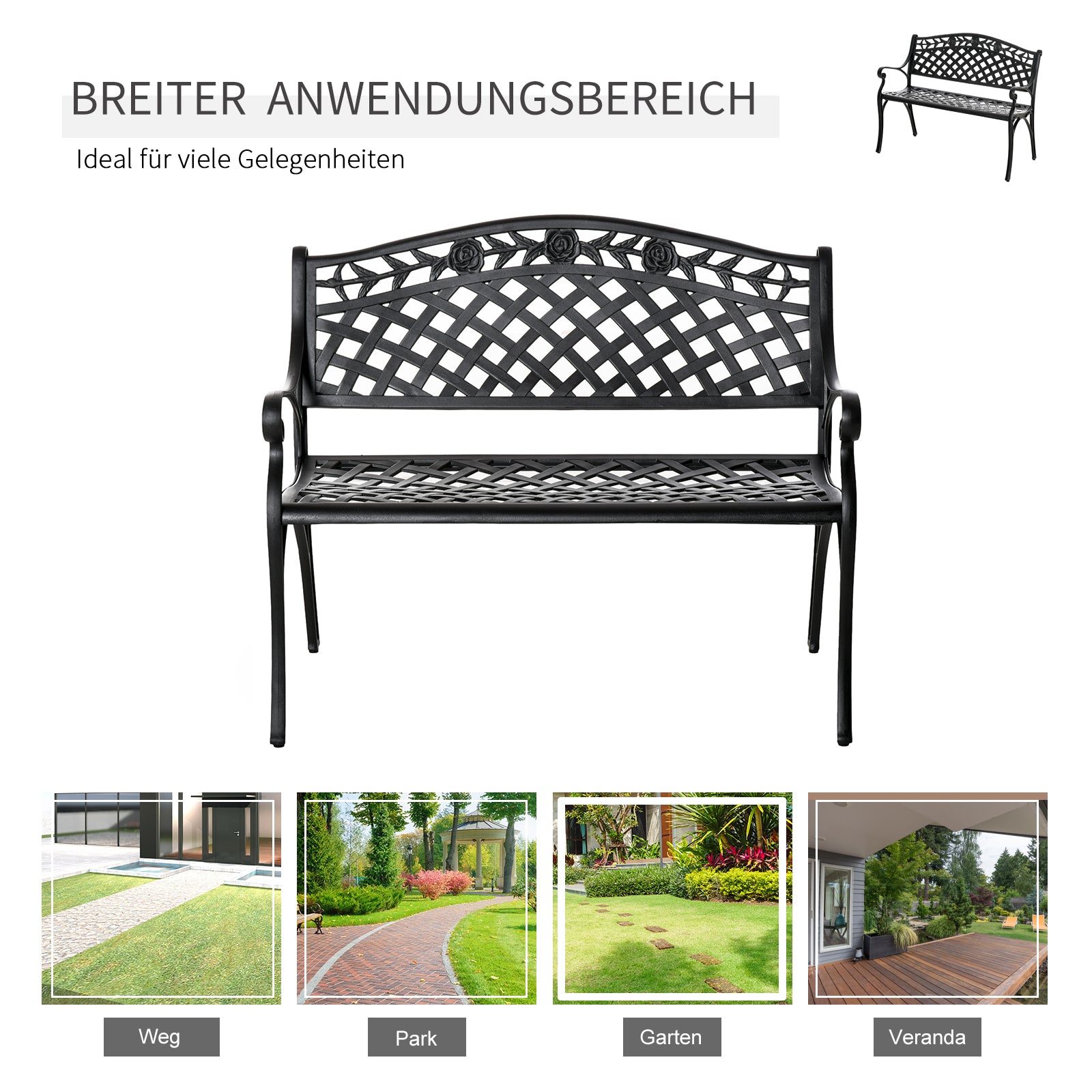 2-Seater Aluminum Garden Bench Metal Bench with Armrests Country Style Black 102.5 x 61 x 84 cm