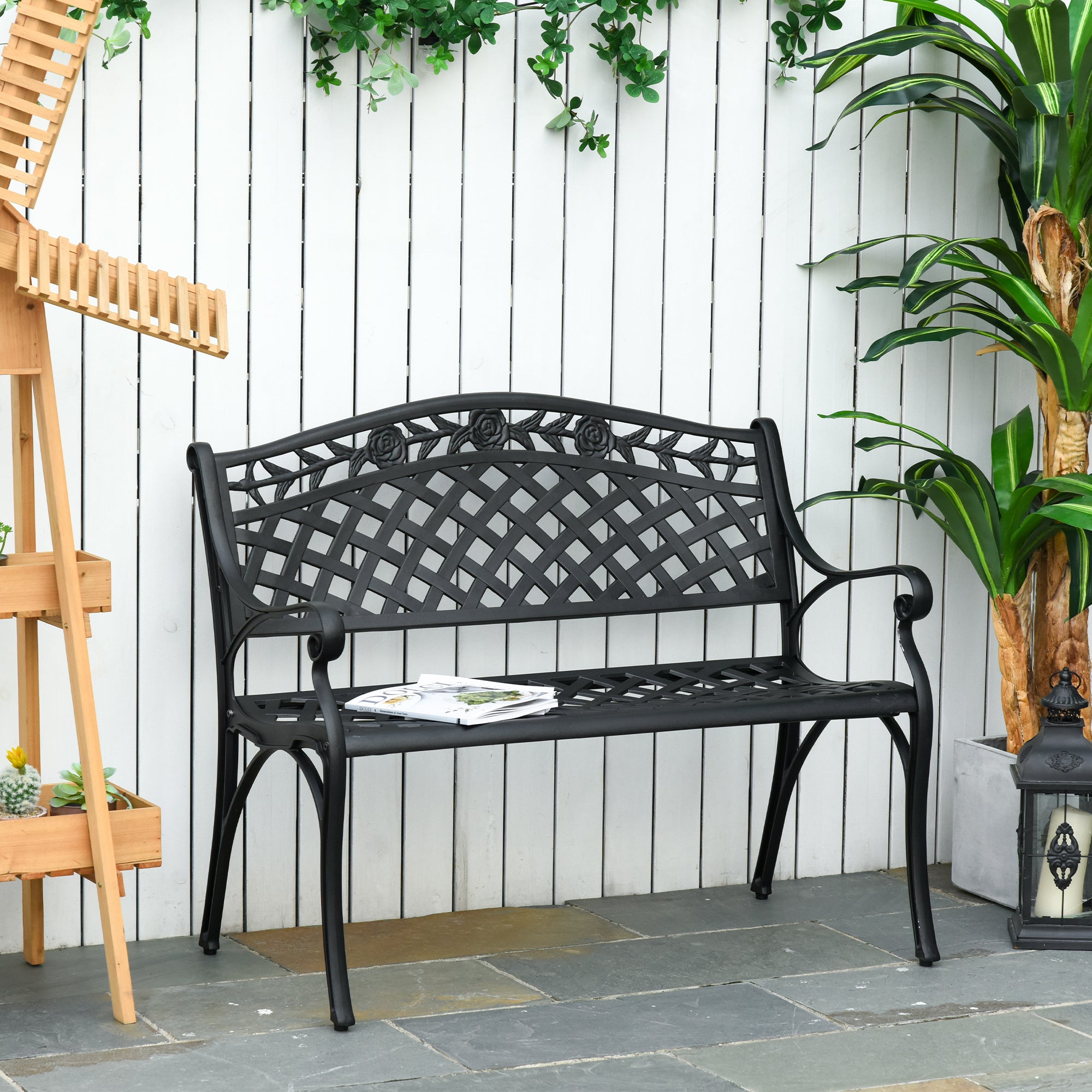 2-Seater Aluminum Garden Bench Metal Bench with Armrests Country Style Black 102.5 x 61 x 84 cm