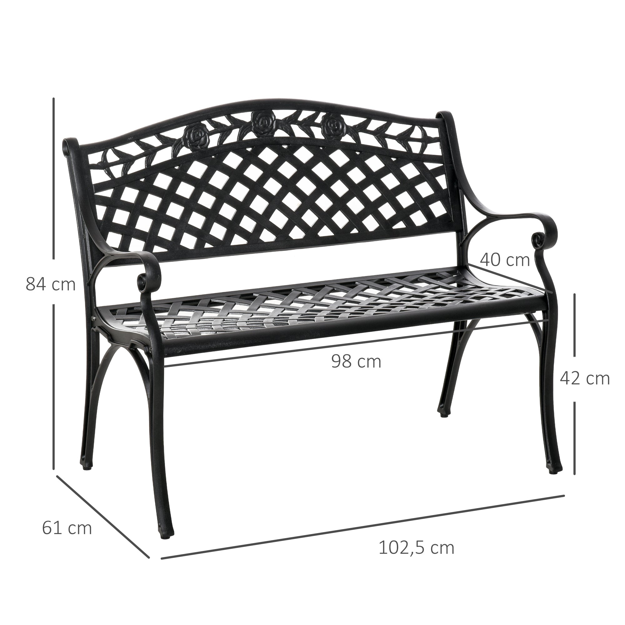 2-Seater Aluminum Garden Bench Metal Bench with Armrests Country Style Black 102.5 x 61 x 84 cm