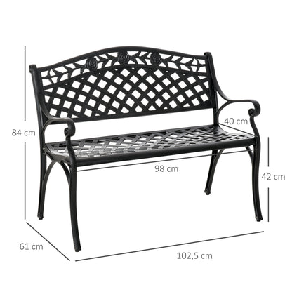 2-Seater Aluminum Garden Bench Metal Bench with Armrests Country Style Black 102.5 x 61 x 84 cm