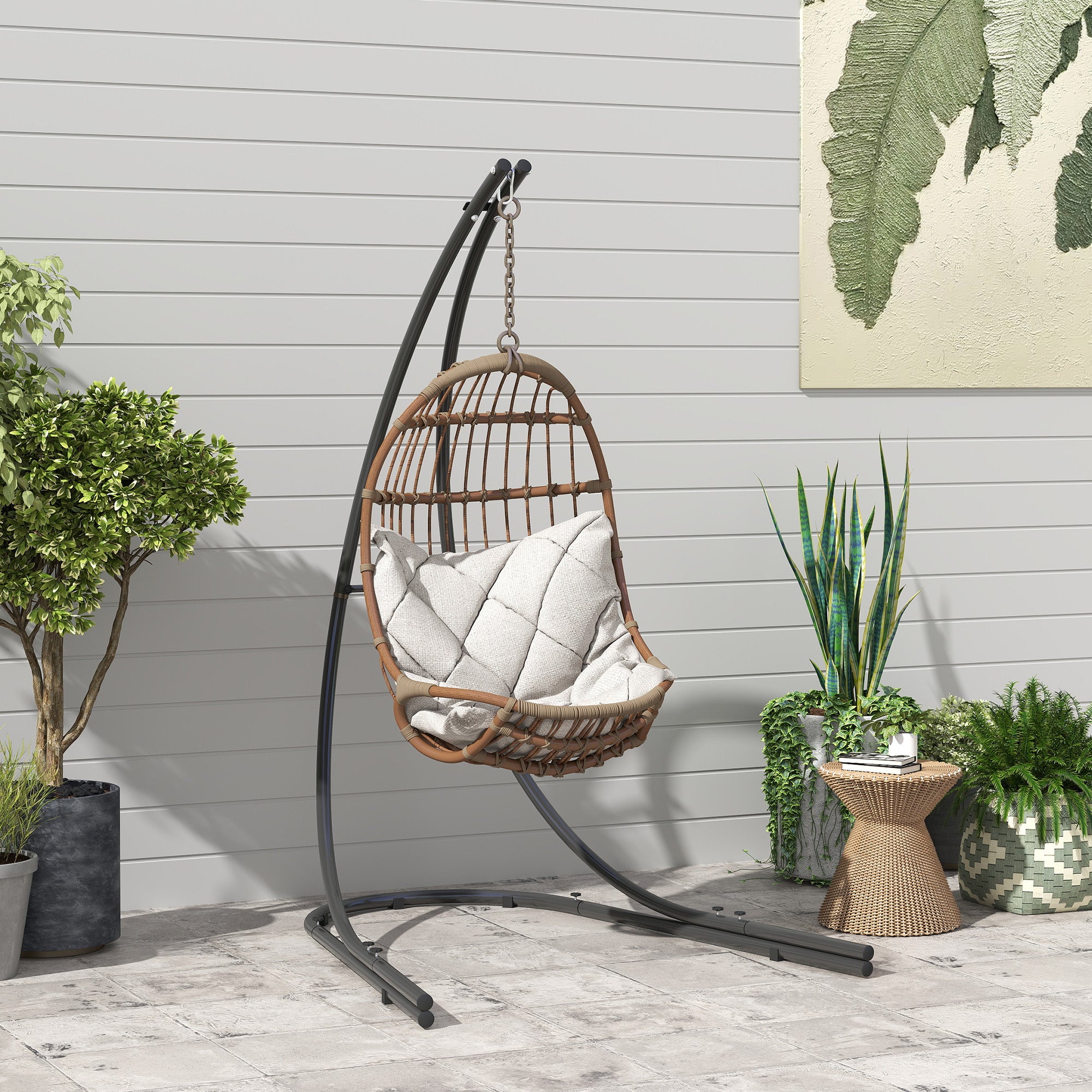 C-Shape Metal Stand for Hanging Chair with Base for Hanging Seat Swing Hammock Stand up to 150kg, Chair Stand for Indoor Outdoor Balcony, Terrace Black