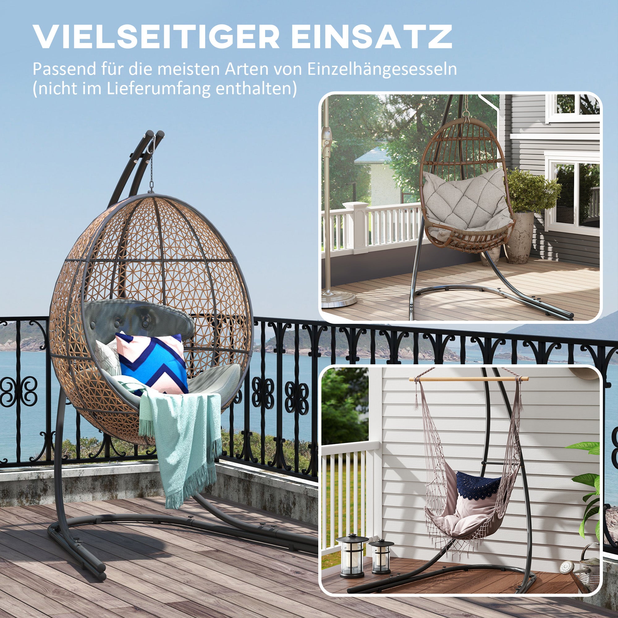 C-Shape Metal Stand for Hanging Chair with Base for Hanging Seat Swing Hammock Stand up to 150kg, Chair Stand for Indoor Outdoor Balcony, Terrace Black