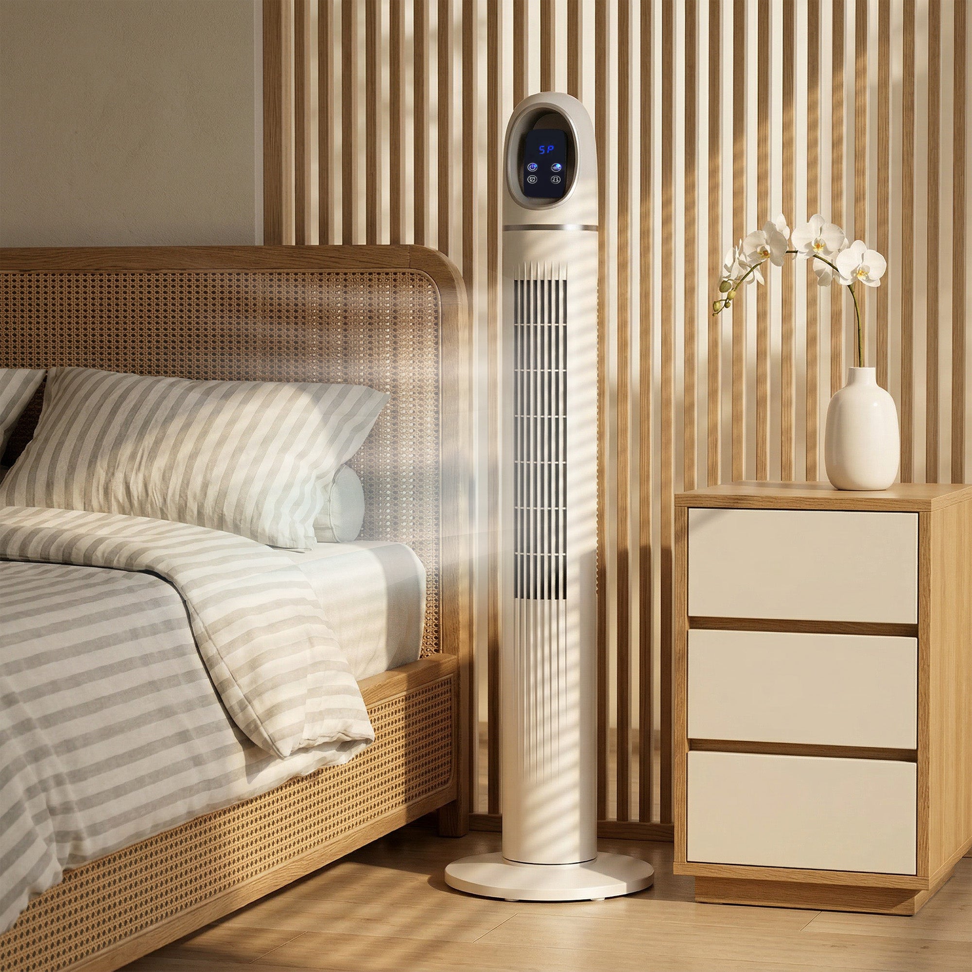 Tower Fan — Quiet Standing Fan with Remote, 3 Speeds & Modes, 24H Timer, 70° Oscillation, LED Display — White