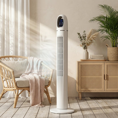 Tower Fan — Quiet Standing Fan with Remote, 3 Speeds & Modes, 24H Timer, 70° Oscillation, LED Display — White