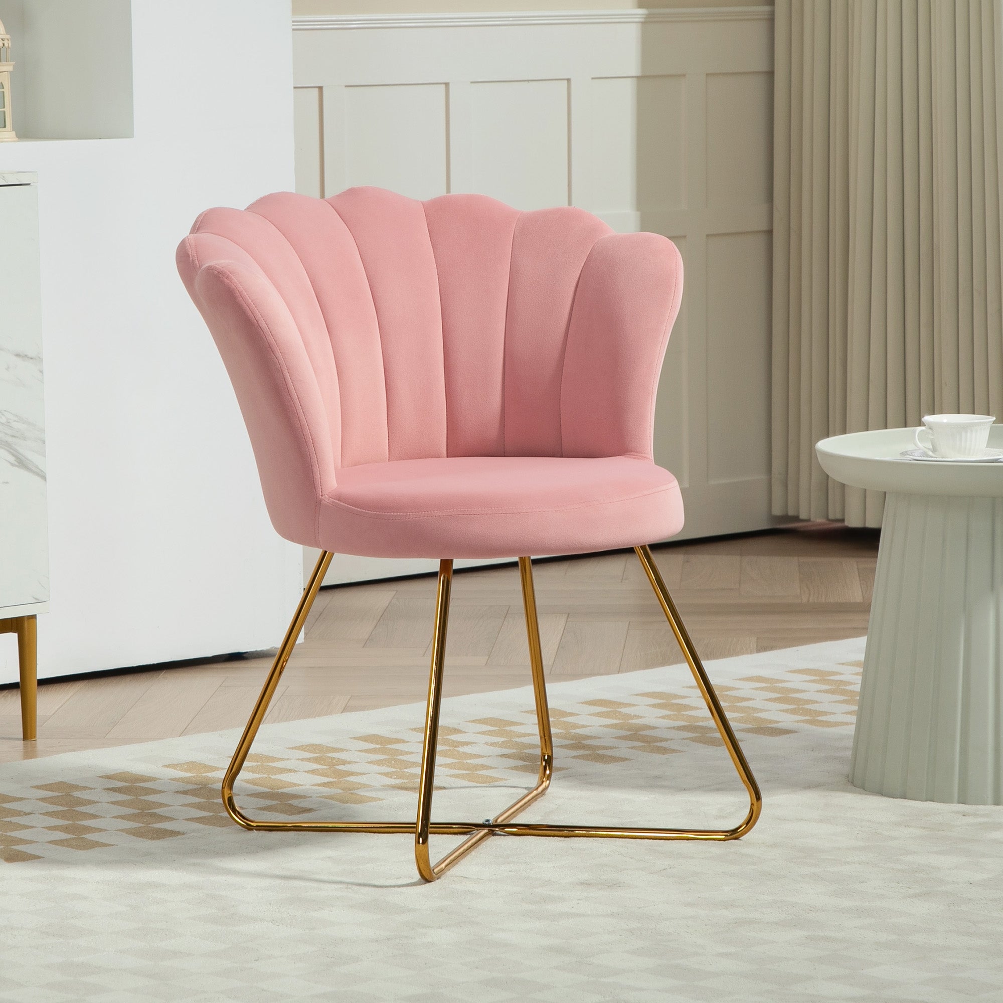 Armchair Lounge Chair with Armrests, Metal Legs, Relax Chair with Lotus-Design Backrest, Velvet Look, Upholstered Chair for Living Room, Bedroom Pink