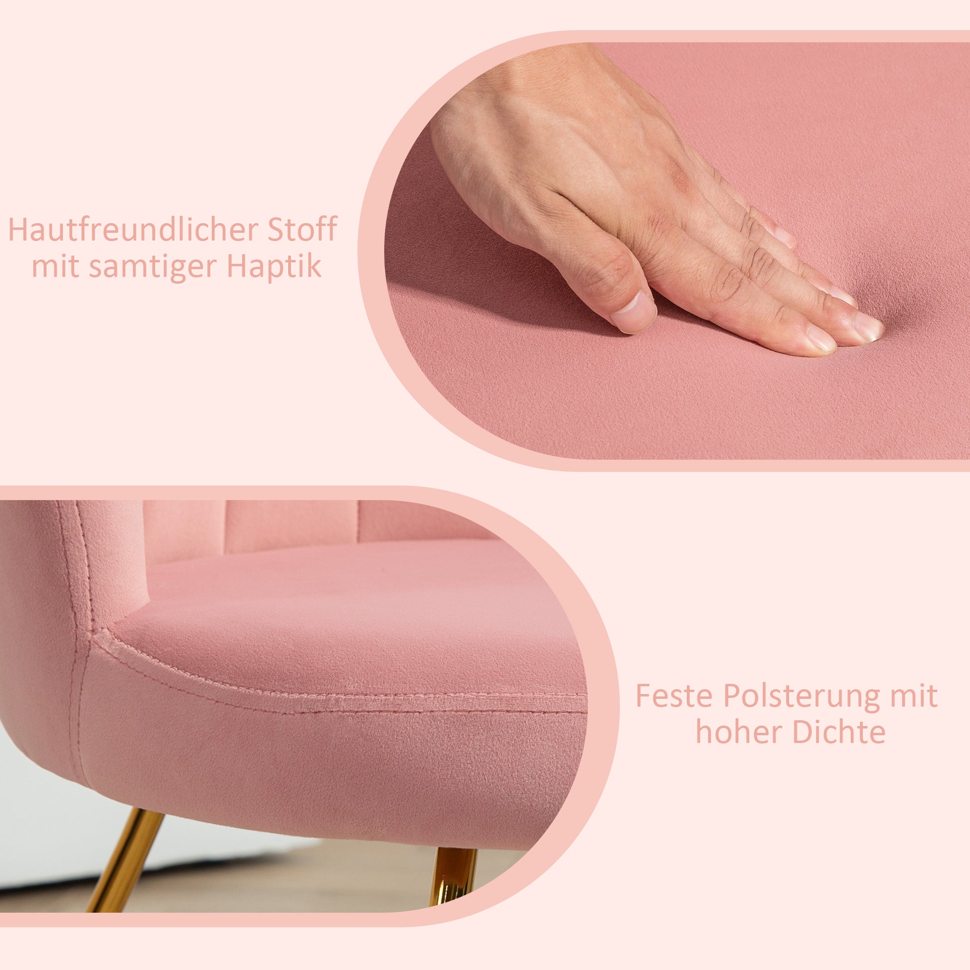 Armchair Lounge Chair with Armrests, Metal Legs, Relax Chair with Lotus-Design Backrest, Velvet Look, Upholstered Chair for Living Room, Bedroom Pink