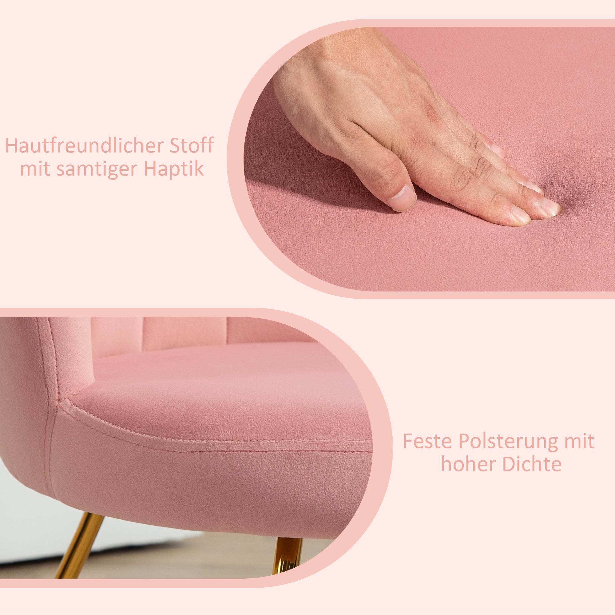 Armchair Lounge Chair with Armrests, Metal Legs, Relax Chair with Lotus-Design Backrest, Velvet Look, Upholstered Chair for Living Room, Bedroom Pink