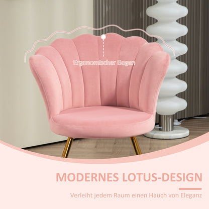 Armchair Lounge Chair with Armrests, Metal Legs, Relax Chair with Lotus-Design Backrest, Velvet Look, Upholstered Chair for Living Room, Bedroom Pink