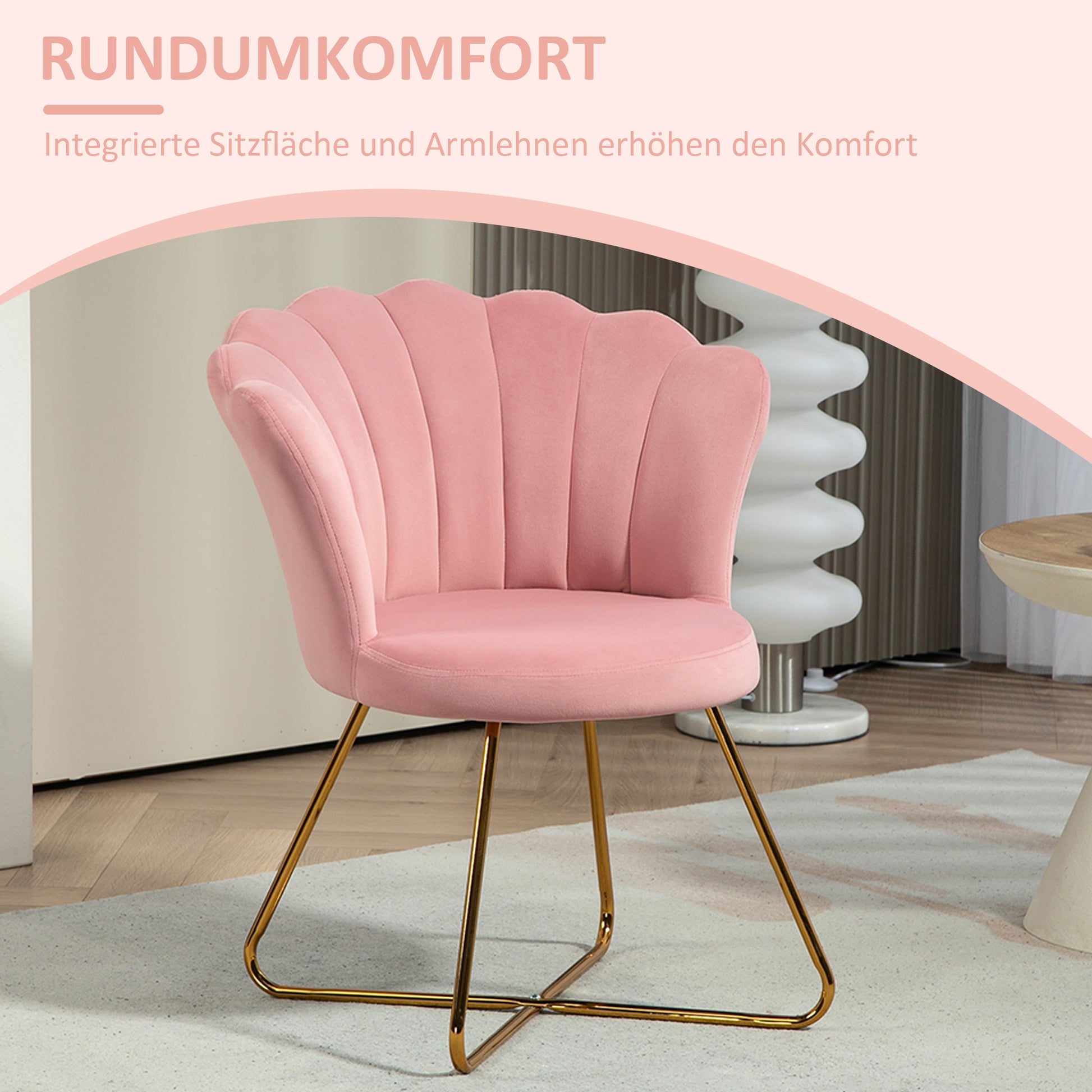 Armchair Lounge Chair with Armrests, Metal Legs, Relax Chair with Lotus-Design Backrest, Velvet Look, Upholstered Chair for Living Room, Bedroom Pink