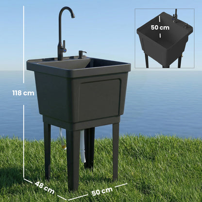 Portable Camping Sink with Faucet and 300 ml Soap Dispenser, Inlet & Drain Hoses — Mobile Outdoor Wash Station, Black