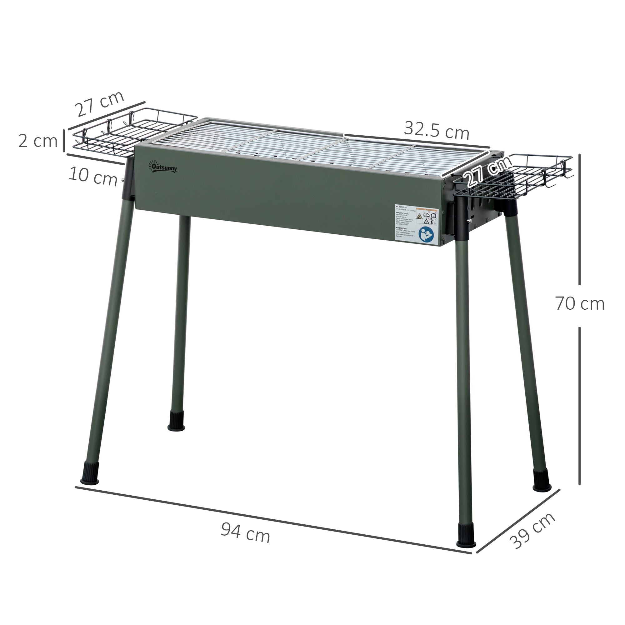 Charcoal Grill made of Stainless Steel BBQ Smoker with Grilling Grate Charcoal Grill, Stand Grill for Barbecue Camping, Patio, Garden 94 x 39 x 70 cm