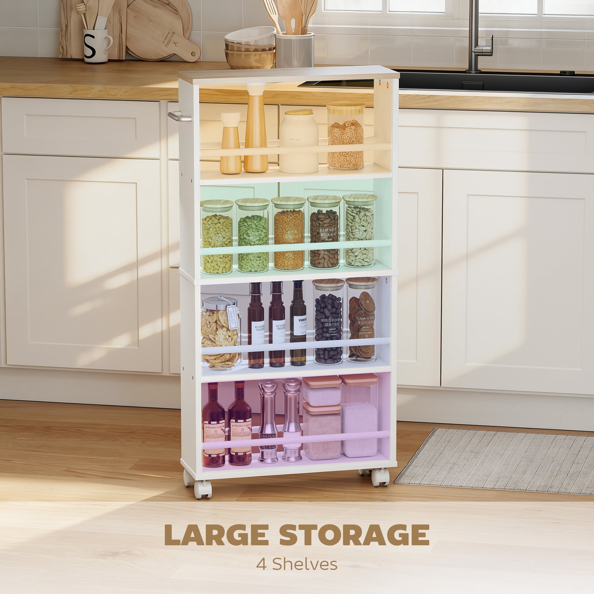 4-Tier Narrow Rolling Kitchen Cart with Handle & Brakes, Versatile Utility Trolley for Kitchen, Office, Bathroom — Natural