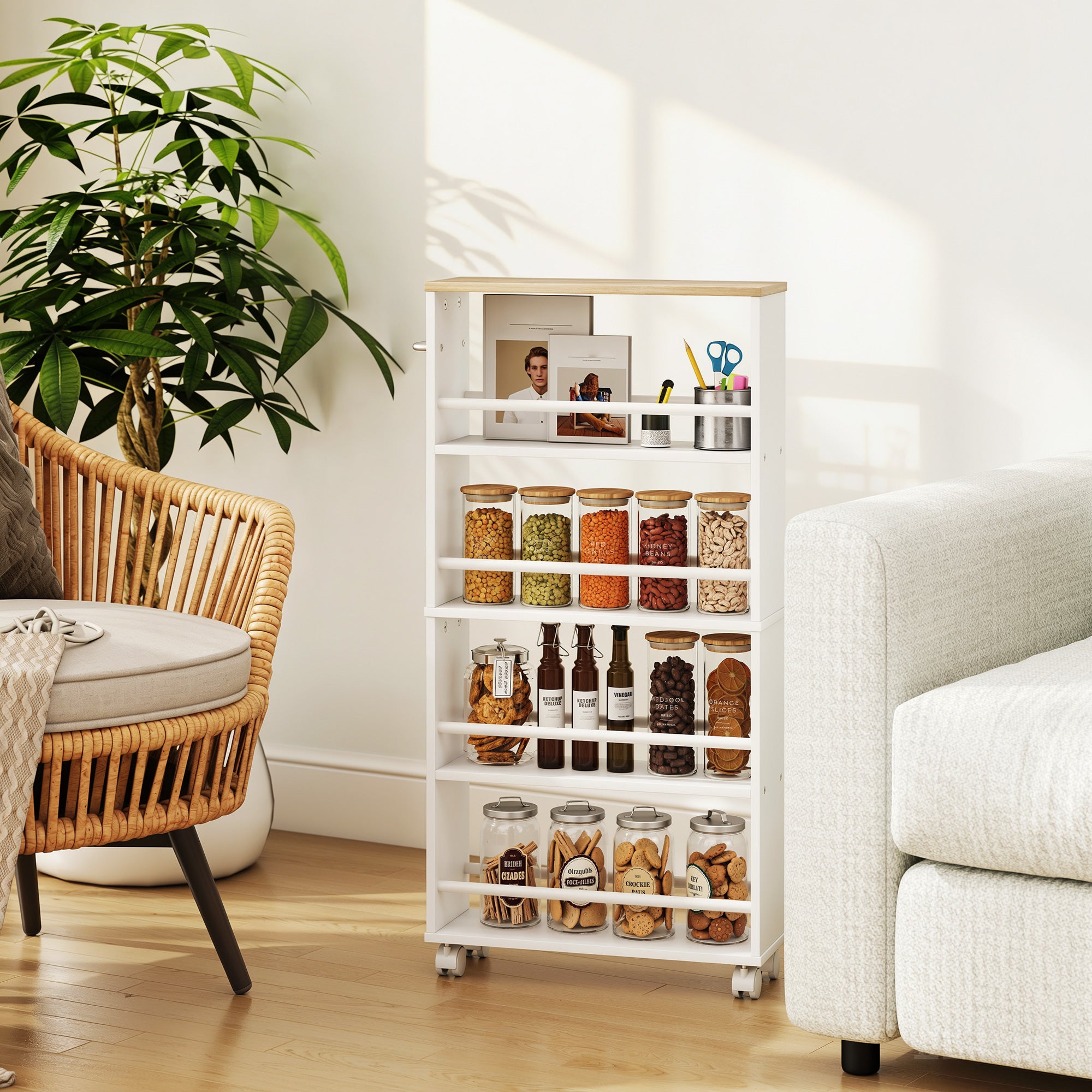 4-Tier Narrow Rolling Kitchen Cart with Handle & Brakes, Versatile Utility Trolley for Kitchen, Office, Bathroom — Natural