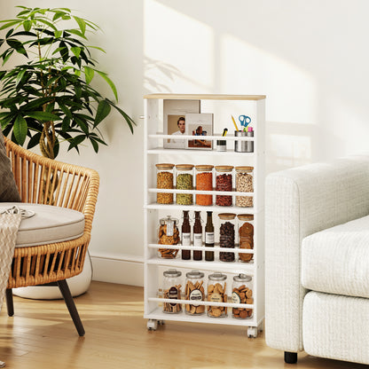 4-Tier Narrow Rolling Kitchen Cart with Handle & Brakes, Versatile Utility Trolley for Kitchen, Office, Bathroom — Natural