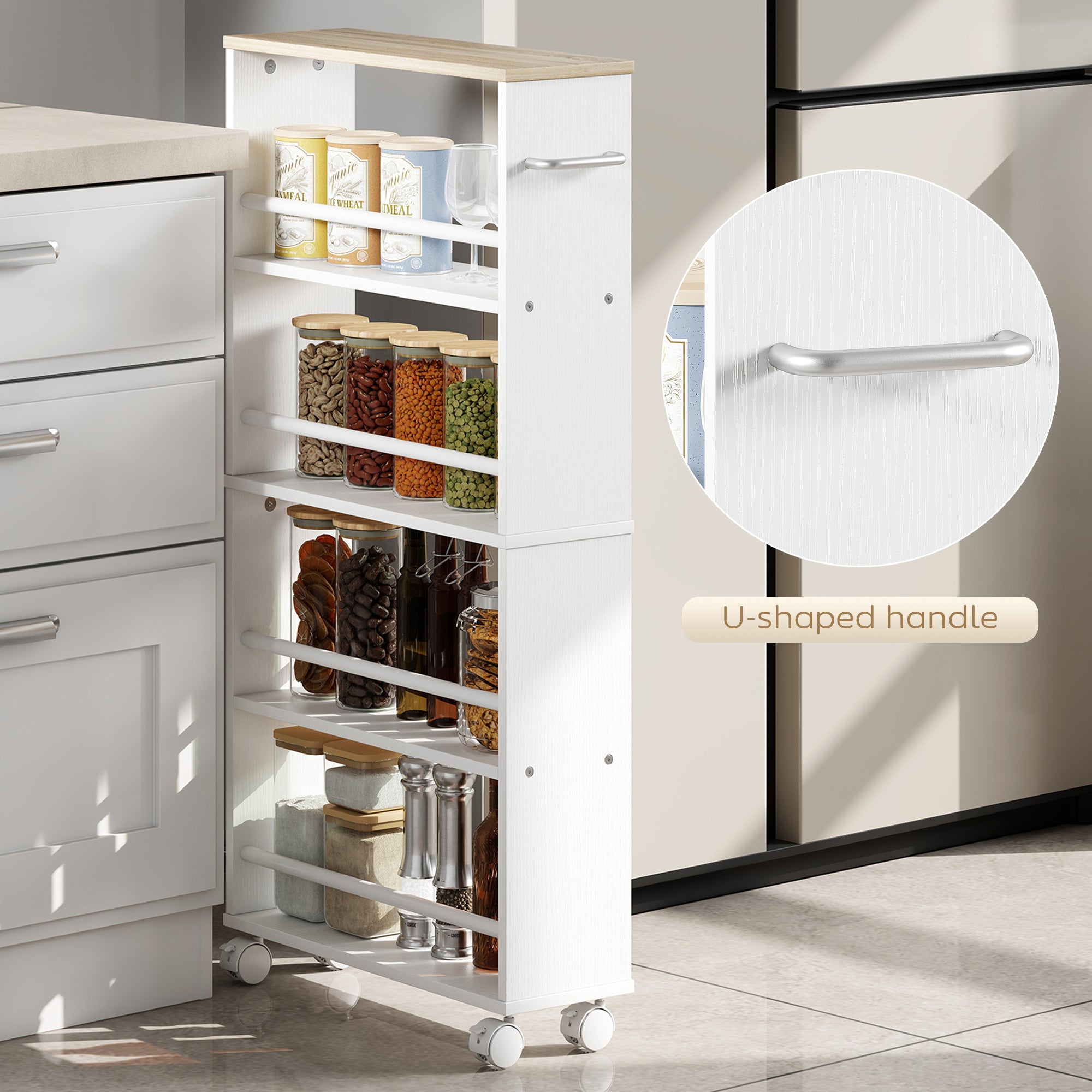 4-Tier Narrow Rolling Kitchen Cart with Handle & Brakes, Versatile Utility Trolley for Kitchen, Office, Bathroom — Natural