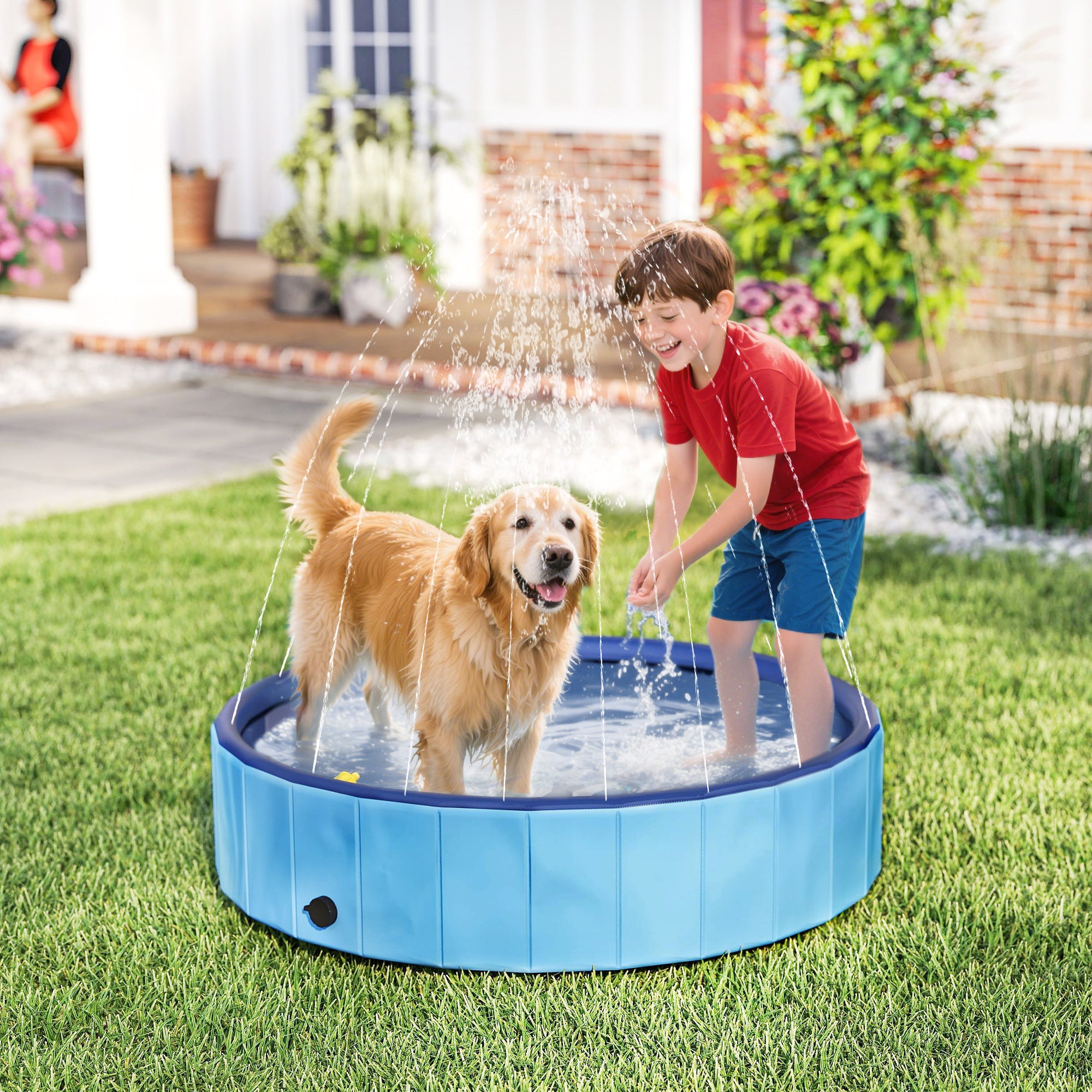 Folding Dog Pool with Sprinkler Portable Pet Tub for Large Dogs PVC Non-Slip Wear-Resistant for Indoors and Outdoors Ø120x30 cm Light Blue